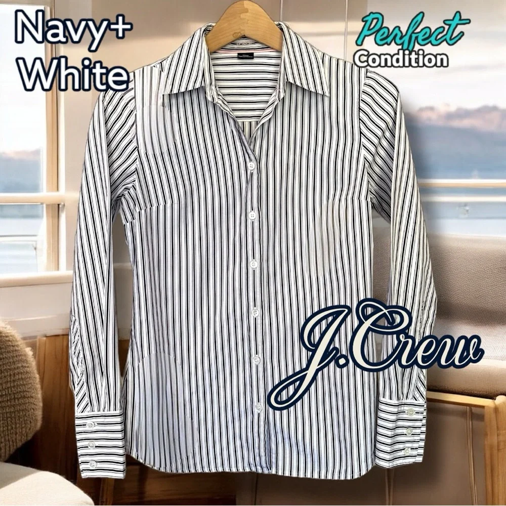 Like New 🌸 J Crew Navy and White Striped Button-Down Shirt Slim Fit, Kathryn Cut - Picture 6 of 17